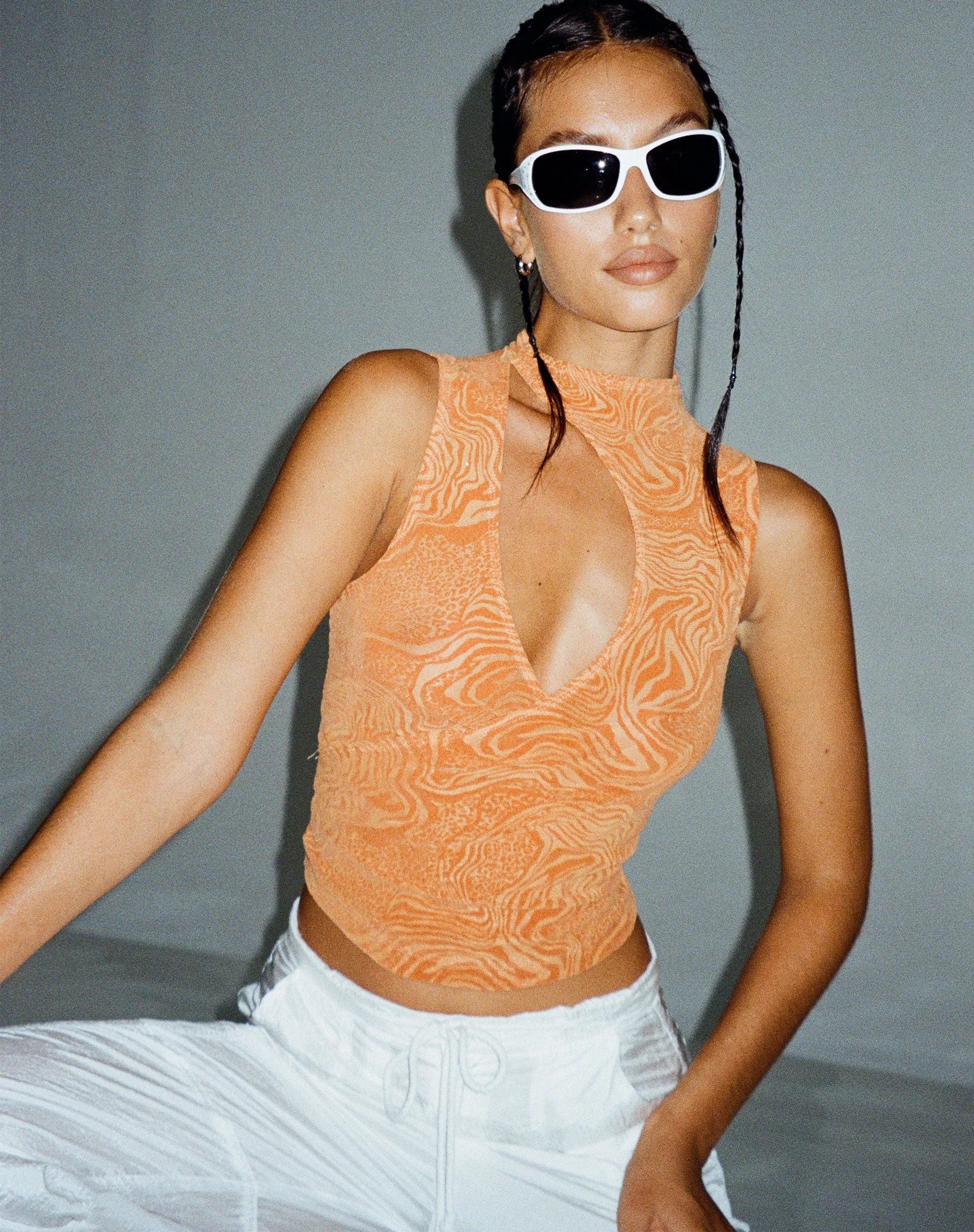 Herti Top in Mixed Animal Flock Orange sold by Motel Rocks