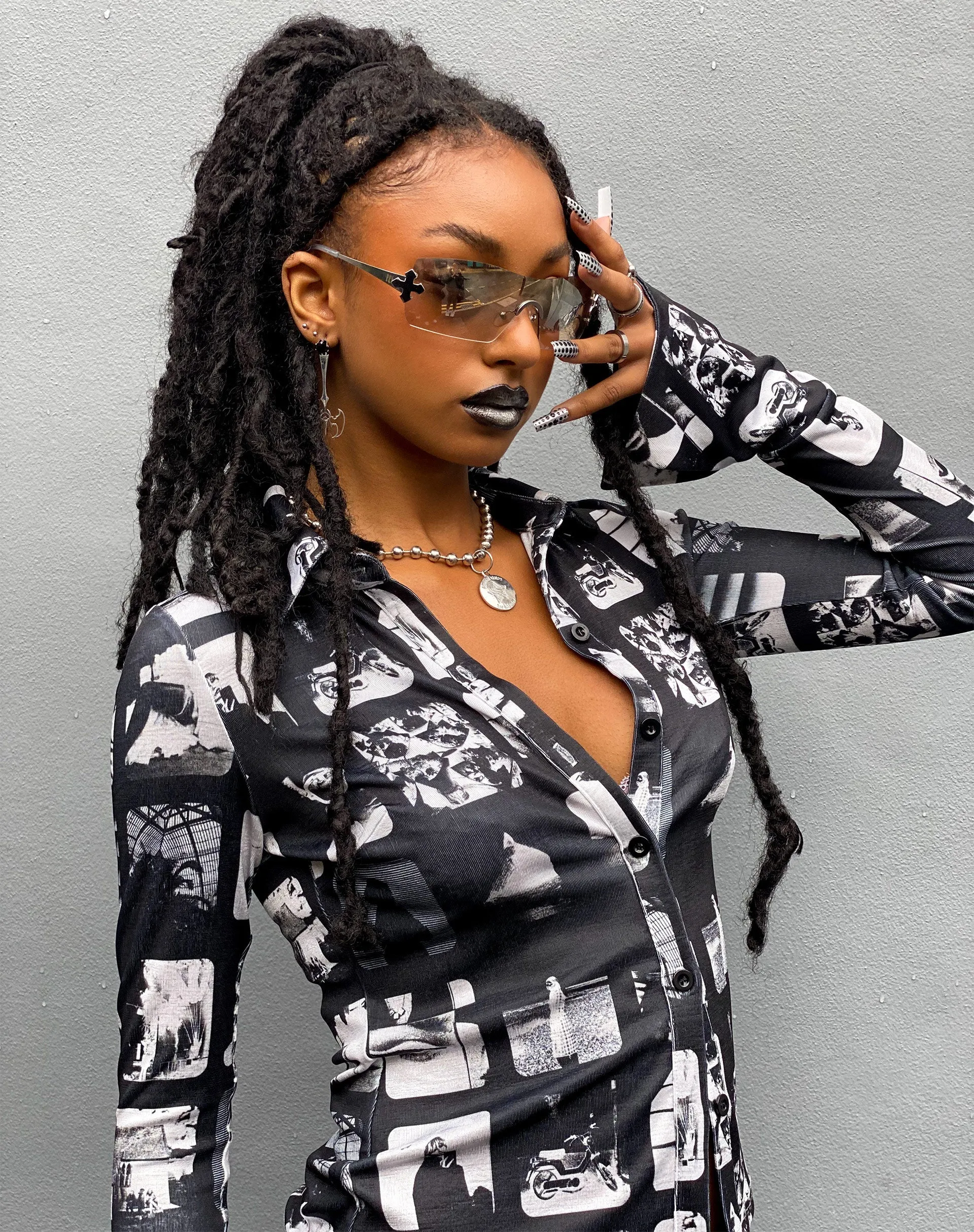 Keani Long Sleeve Shirt in Mono Photographic Black sold by Motel Rocks product image thumbnail 2