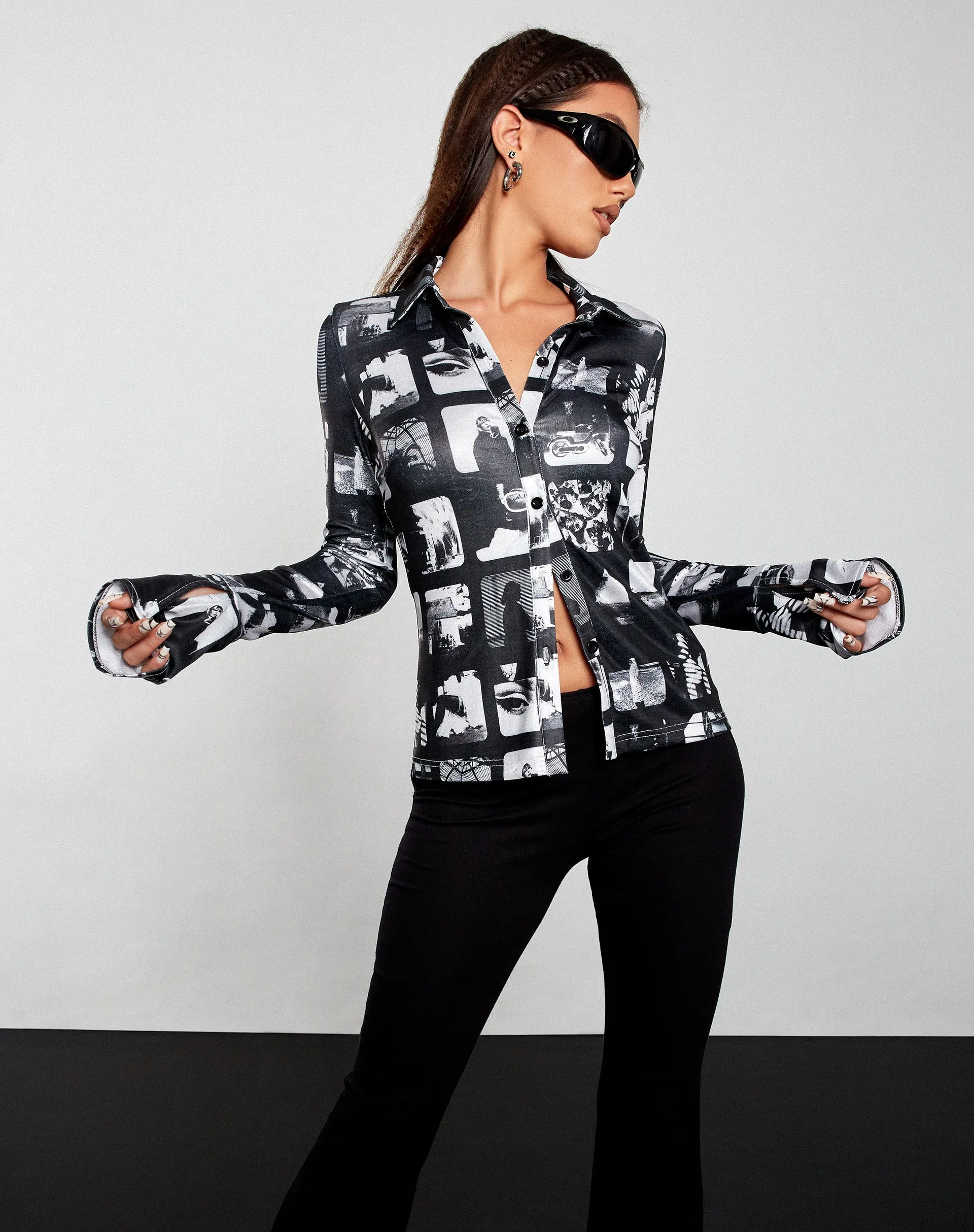 Keani Long Sleeve Shirt in Mono Photographic Black sold by Motel Rocks product image thumbnail 4