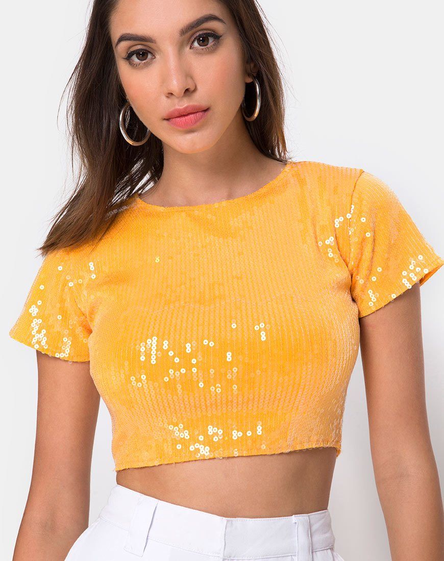 Tindy Crop Top in Tangerine with Clear Sequin sold by Motel Rocks