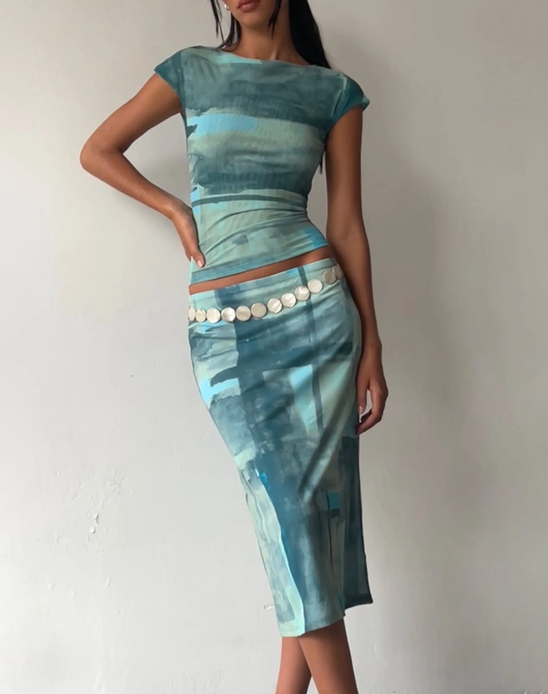 MOTEL X JACQUIE Nova Top in Mesh Green and Blue Abstract Paint Brush sold by Motel Rocks product image thumbnail 3