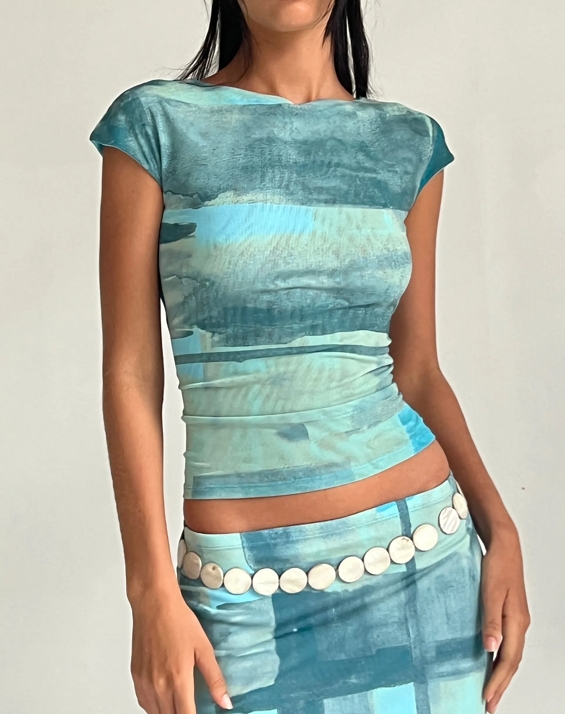 MOTEL X JACQUIE Nova Top in Mesh Green and Blue Abstract Paint Brush sold by Motel Rocks product image thumbnail 2