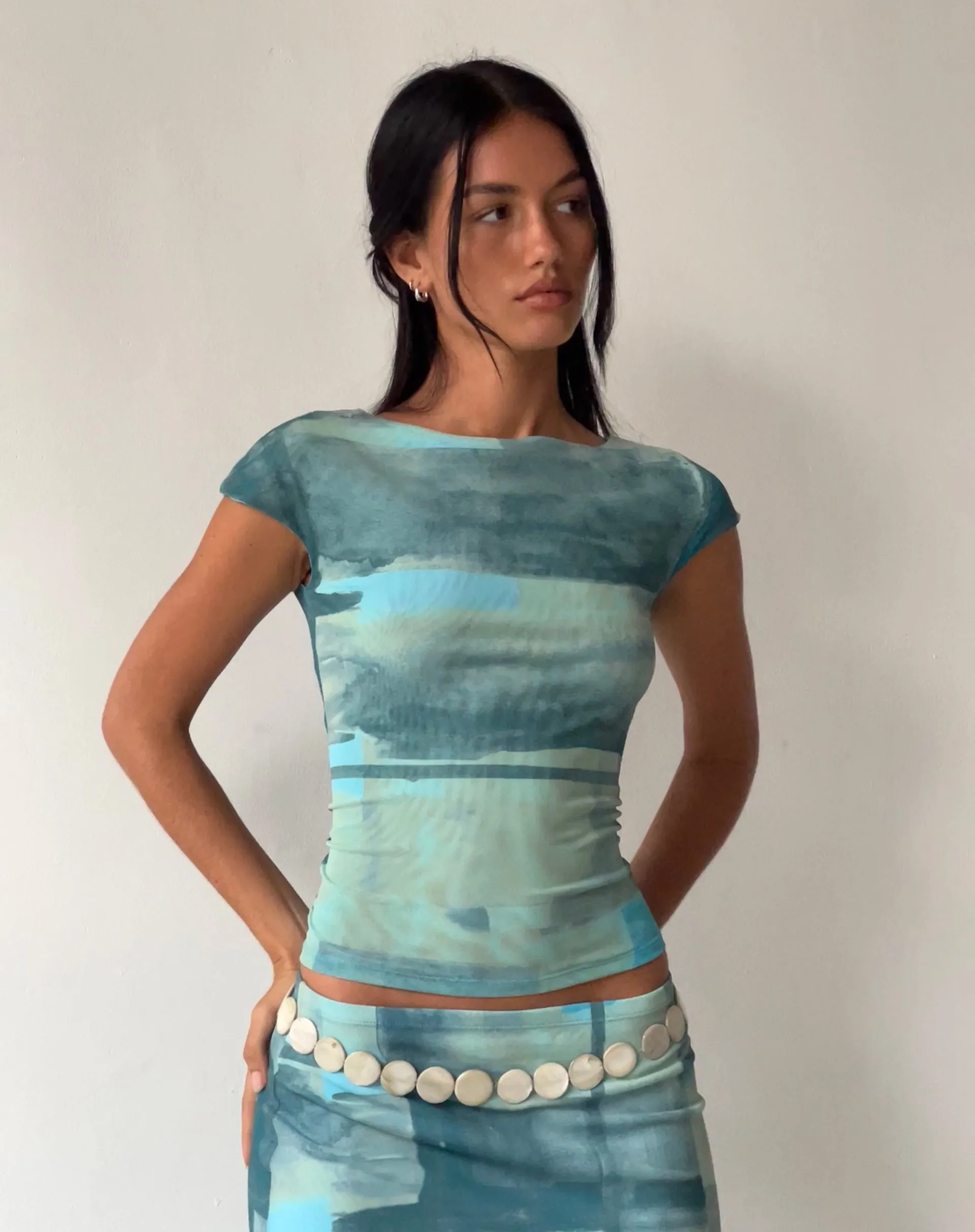 MOTEL X JACQUIE Nova Top in Mesh Green and Blue Abstract Paint Brush sold by Motel Rocks