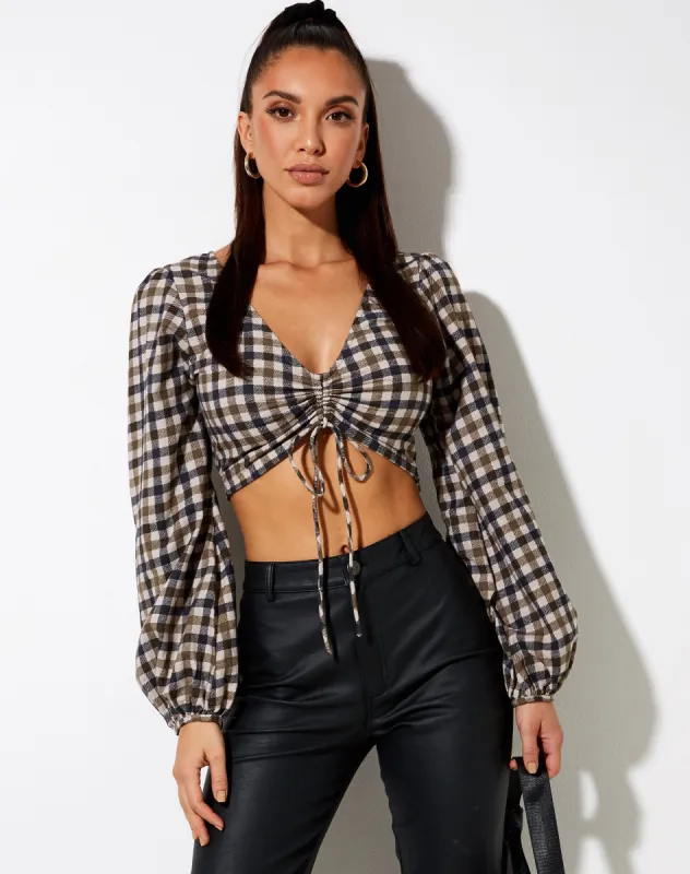 Reilo Crop Top in 40's Check Tan sold by Motel Rocks