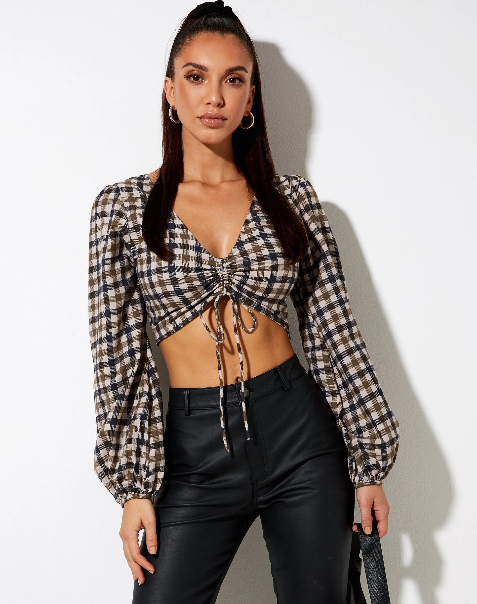 Reilo Crop Top in 40's Check Tan sold by Motel Rocks