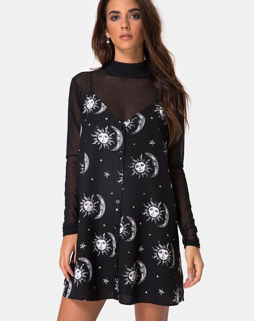 Sanna Slip Dress in Sun Moon Stars BW sold by Motel Rocks