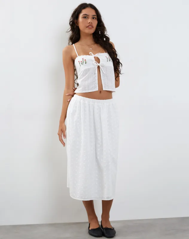 Rusma Midi Skirt in White Broderie sold by Motel Rocks