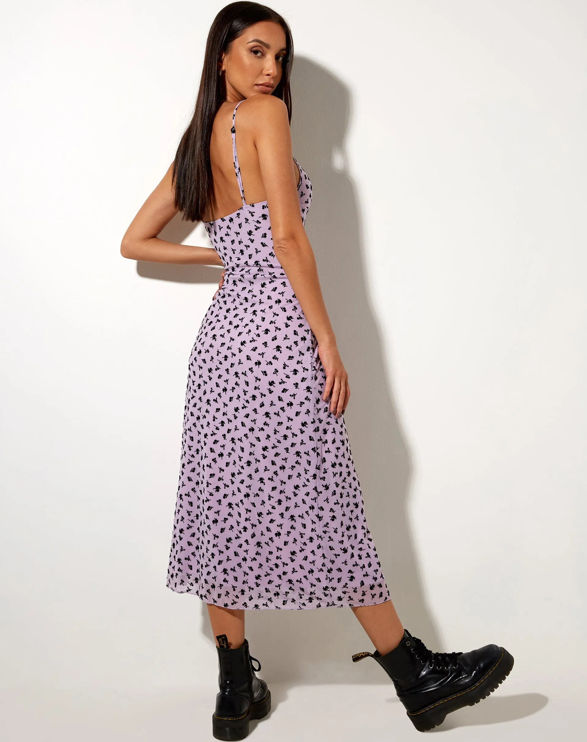 Cotina Midi Dress in Lilac Flower Buds Black Flock sold by Motel Rocks product image thumbnail 4