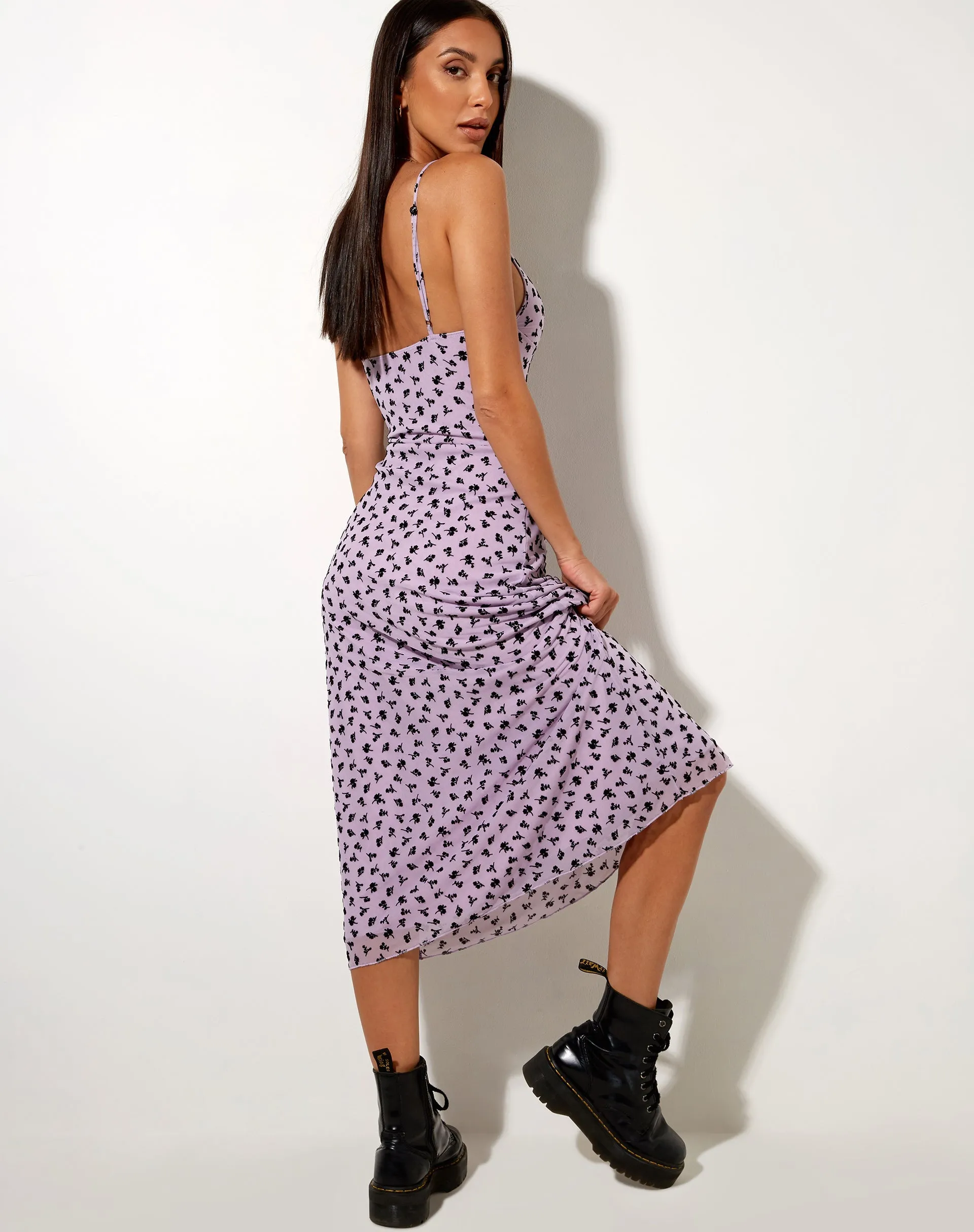 Cotina Midi Dress in Lilac Flower Buds Black Flock sold by Motel Rocks product image thumbnail 2