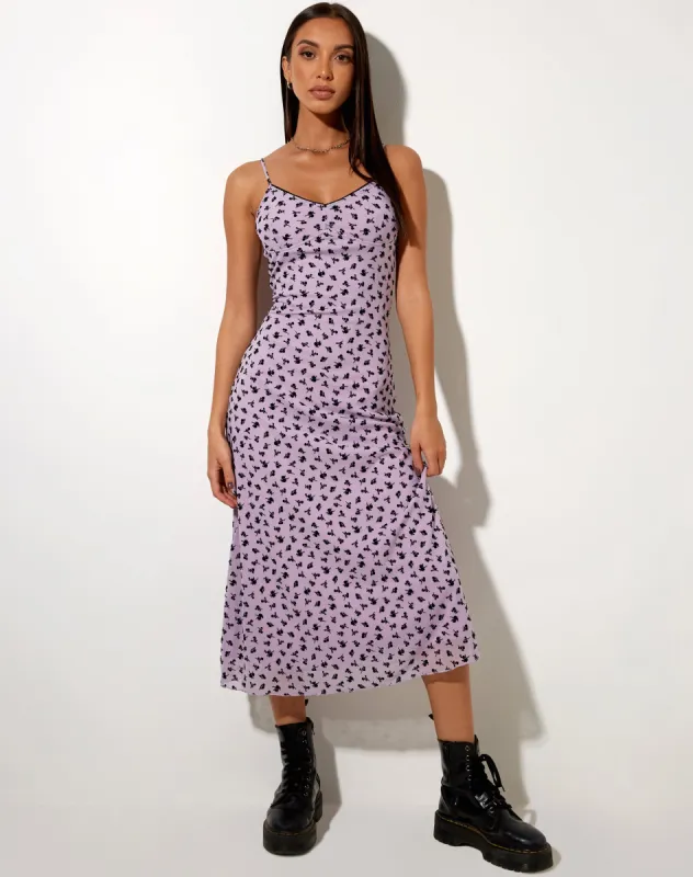 Cotina Midi Dress in Lilac Flower Buds Black Flock sold by Motel Rocks