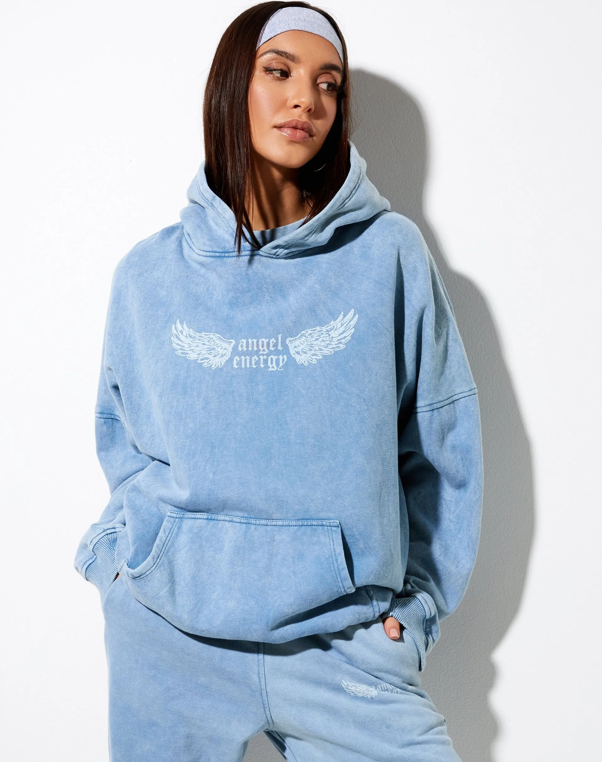Oversize Hoodie in Washed Blue 'Angel Energy' Wings sold by Motel Rocks