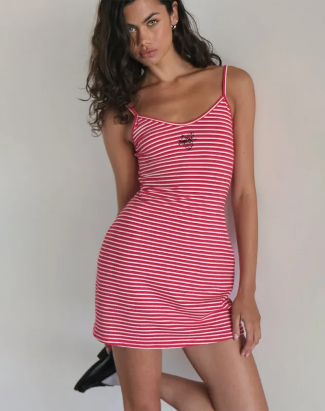 Anzhelina Strappy Mini Dress in Red and White Stripe with Strawberry Emb sold by Motel Rocks