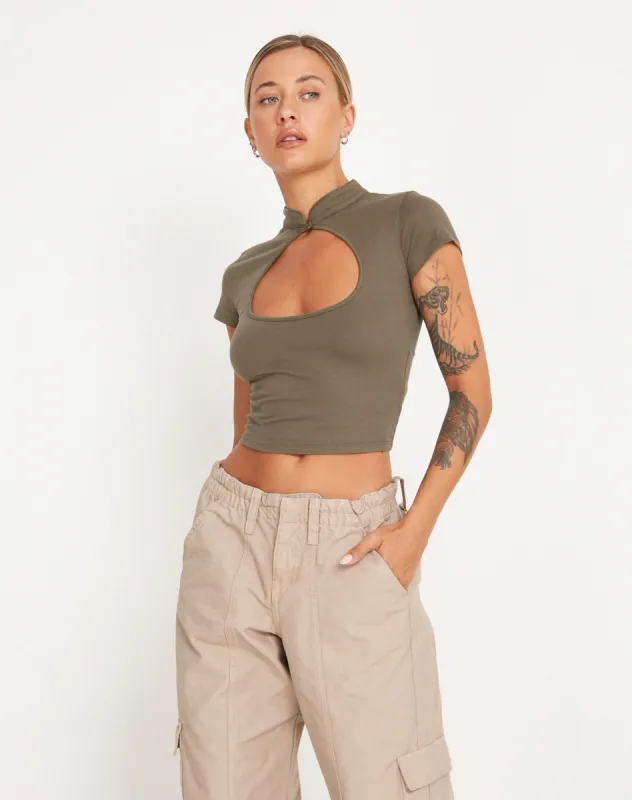 Anelis Crop Top in Tarmac Green sold by Motel Rocks