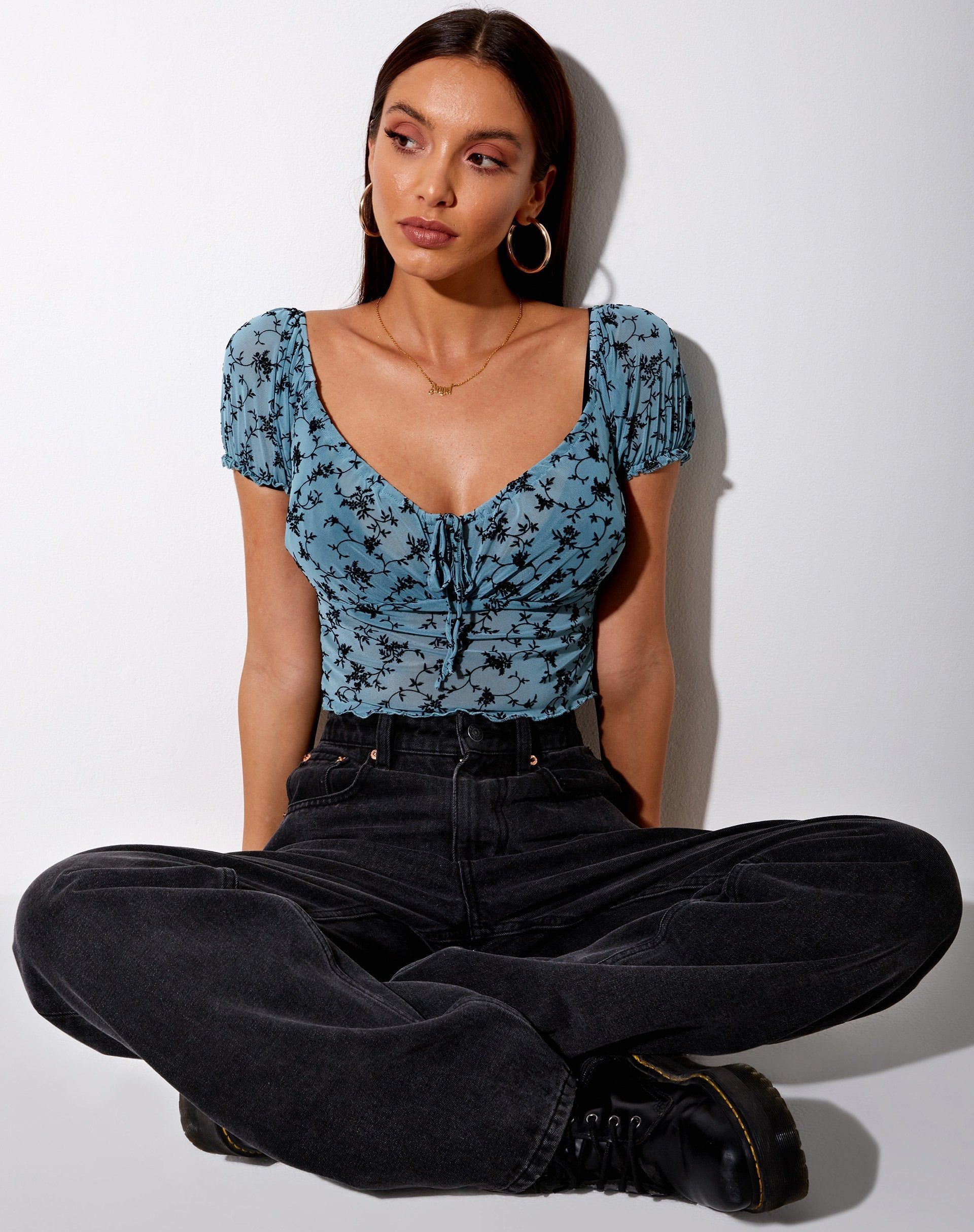 Deyha Crop Top in Love Bloom Grey and Blue Flock sold by Motel Rocks product image thumbnail 3