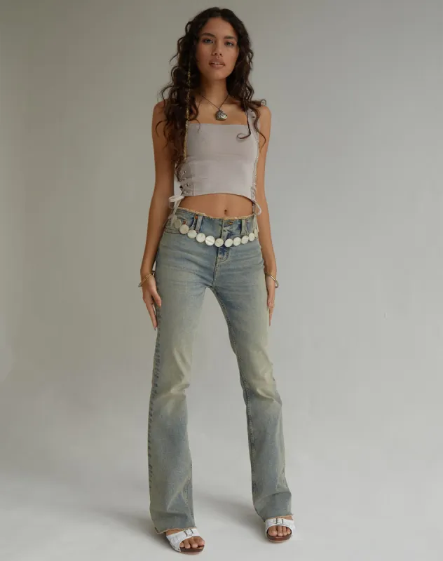 Frayed Low Rise Jeans in Light Wash Sandy Tint sold by Motel Rocks