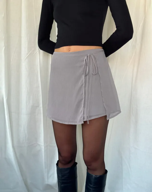 Keira Mini Wrap Skirt in Chiffon Lilac Grey sold by Motel Rocks