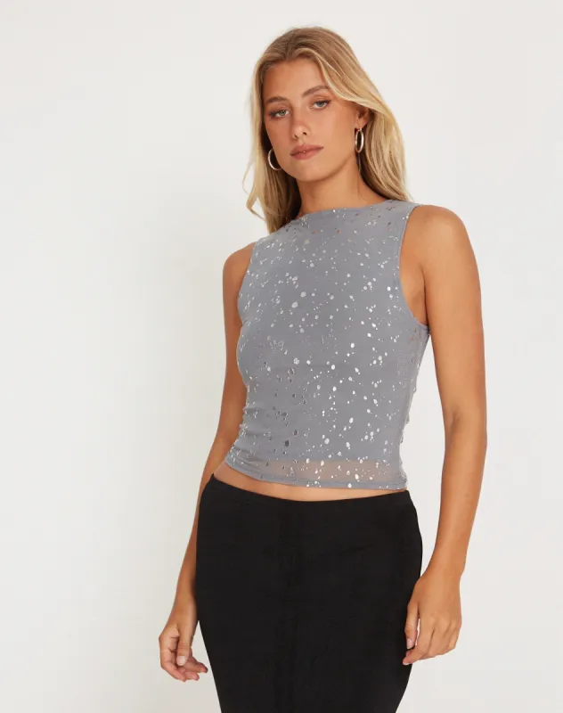 Hala Vest Top in Mesh Glitter Dot Frost Grey sold by Motel Rocks