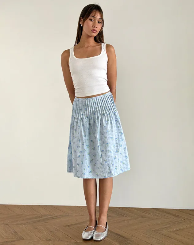 Asada Midi Skirt in Blue Flower Gingham sold by Motel Rocks