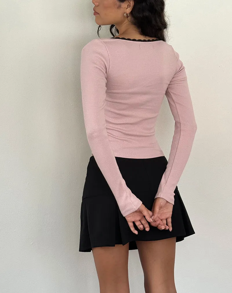 Bovita Long Sleeve Ribbed Top in Pink Lady with Black Lace sold by Motel Rocks product image thumbnail 3