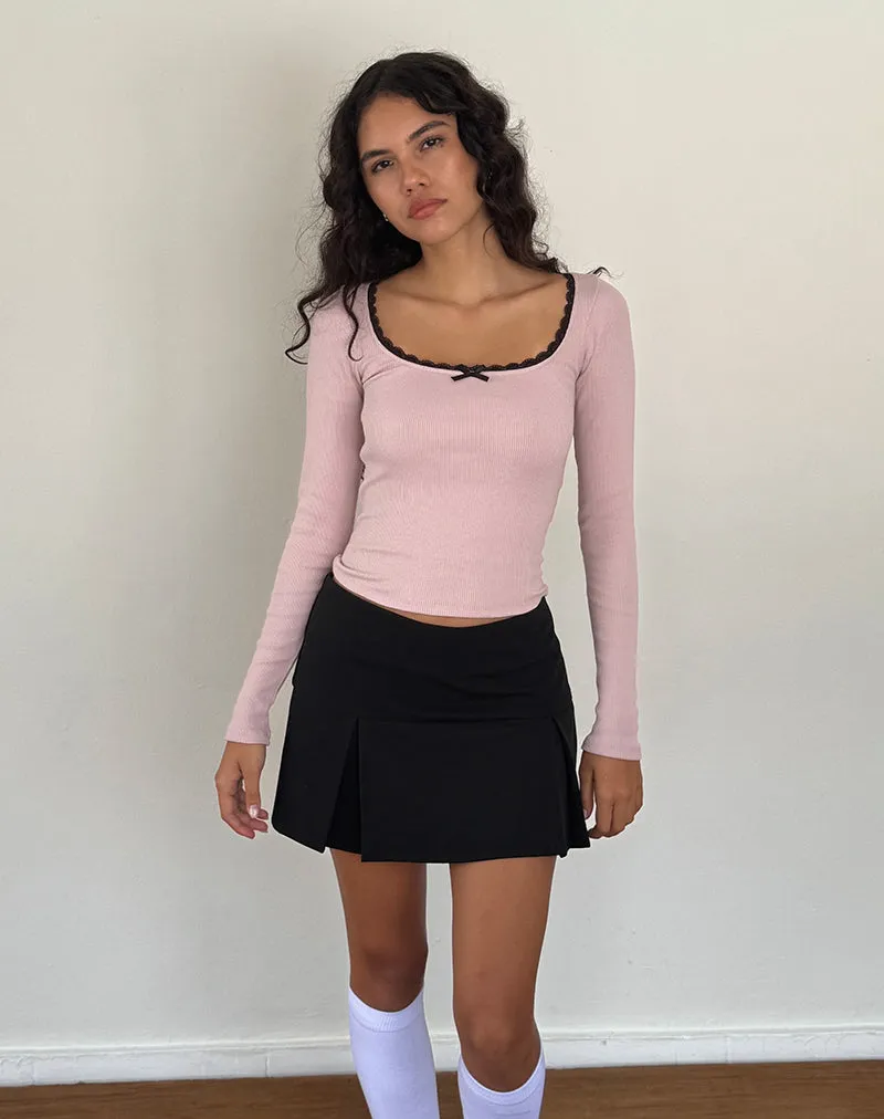 Bovita Long Sleeve Ribbed Top in Pink Lady with Black Lace sold by Motel Rocks