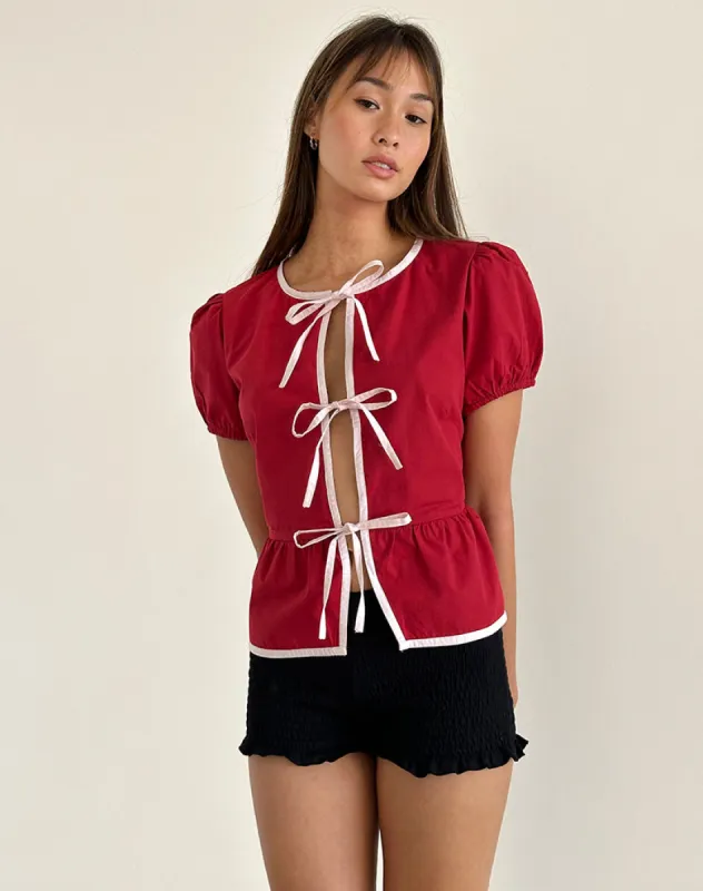 Ryota Tie Front Blouse in Adrenaline Red with Pink Binding sold by Motel Rocks