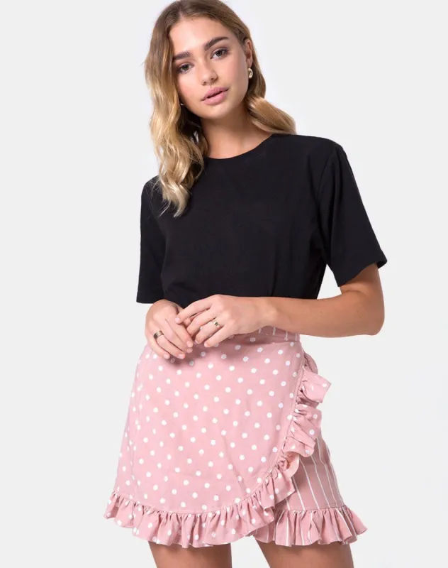 Miza Mini Skirt in Spot Stripe Pink and White sold by Motel Rocks