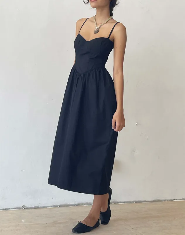 Clementine Corset Midi Dress in Black Poplin sold by Motel Rocks