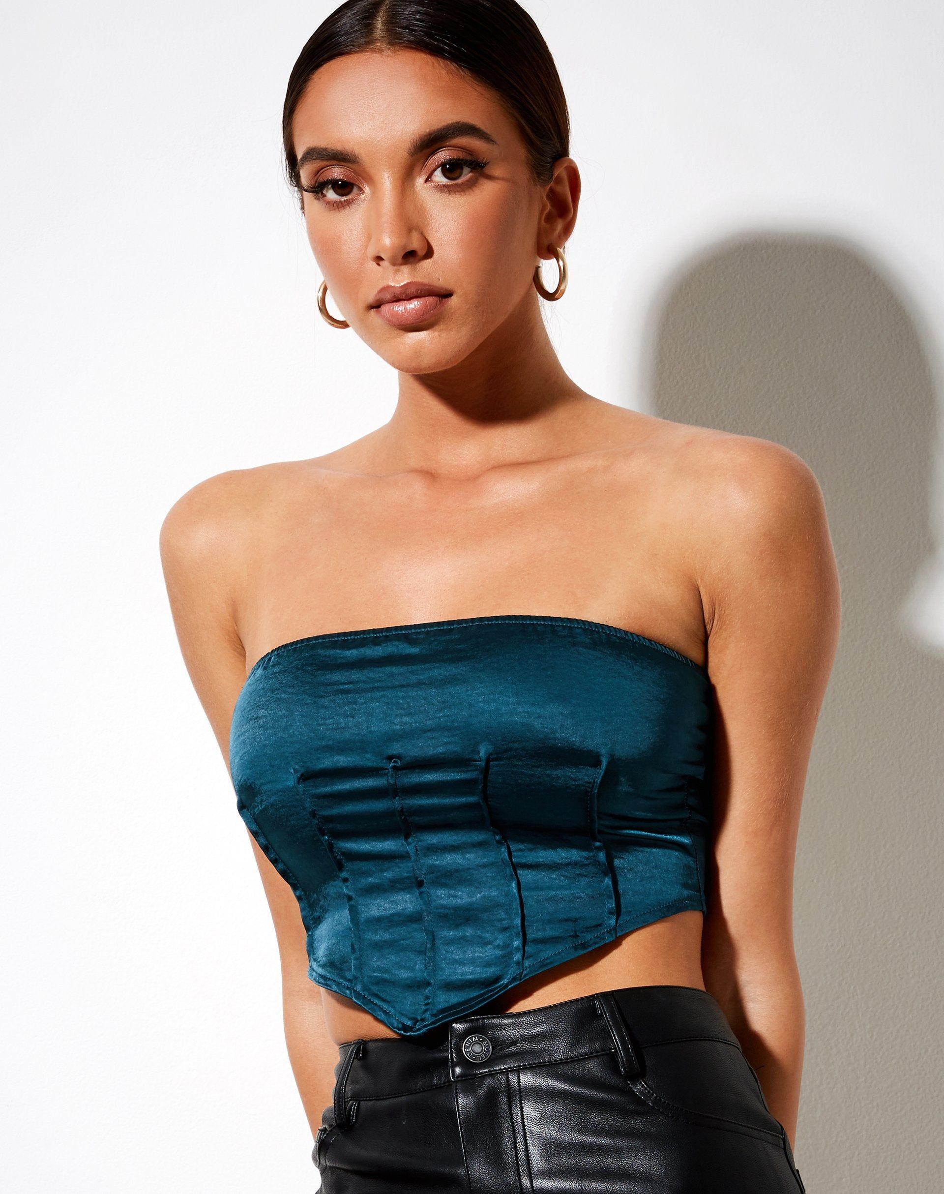 Sanja Bandeau Top in Satin Teal sold by Motel Rocks product image thumbnail 2