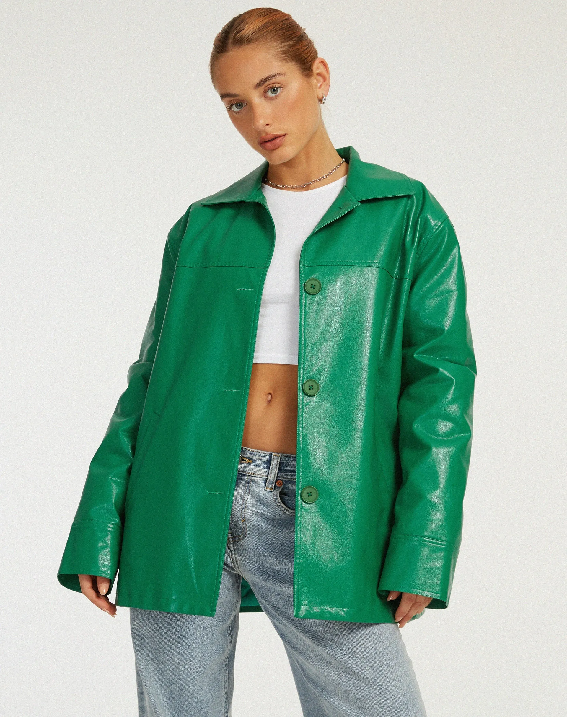 Walta Jacket in Pu Kelly Green sold by Motel Rocks
