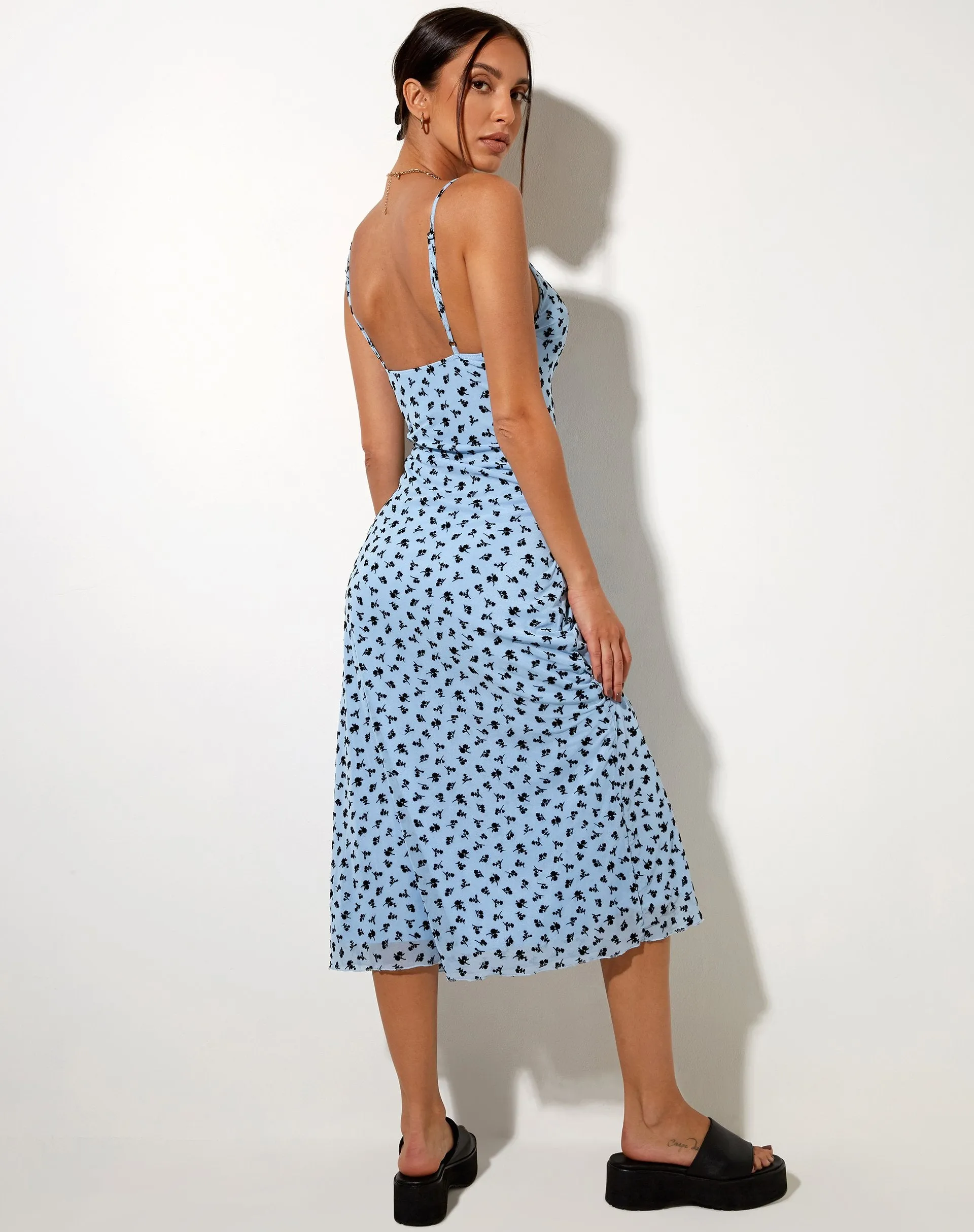Cotina Midi Dress in Blue Flower Buds Black Flock sold by Motel Rocks product image thumbnail 2