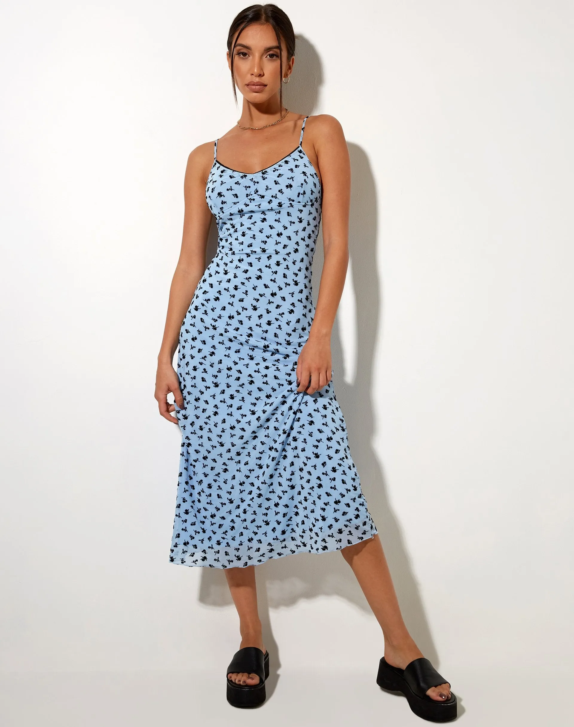 Cotina Midi Dress in Blue Flower Buds Black Flock sold by Motel Rocks product image thumbnail 4