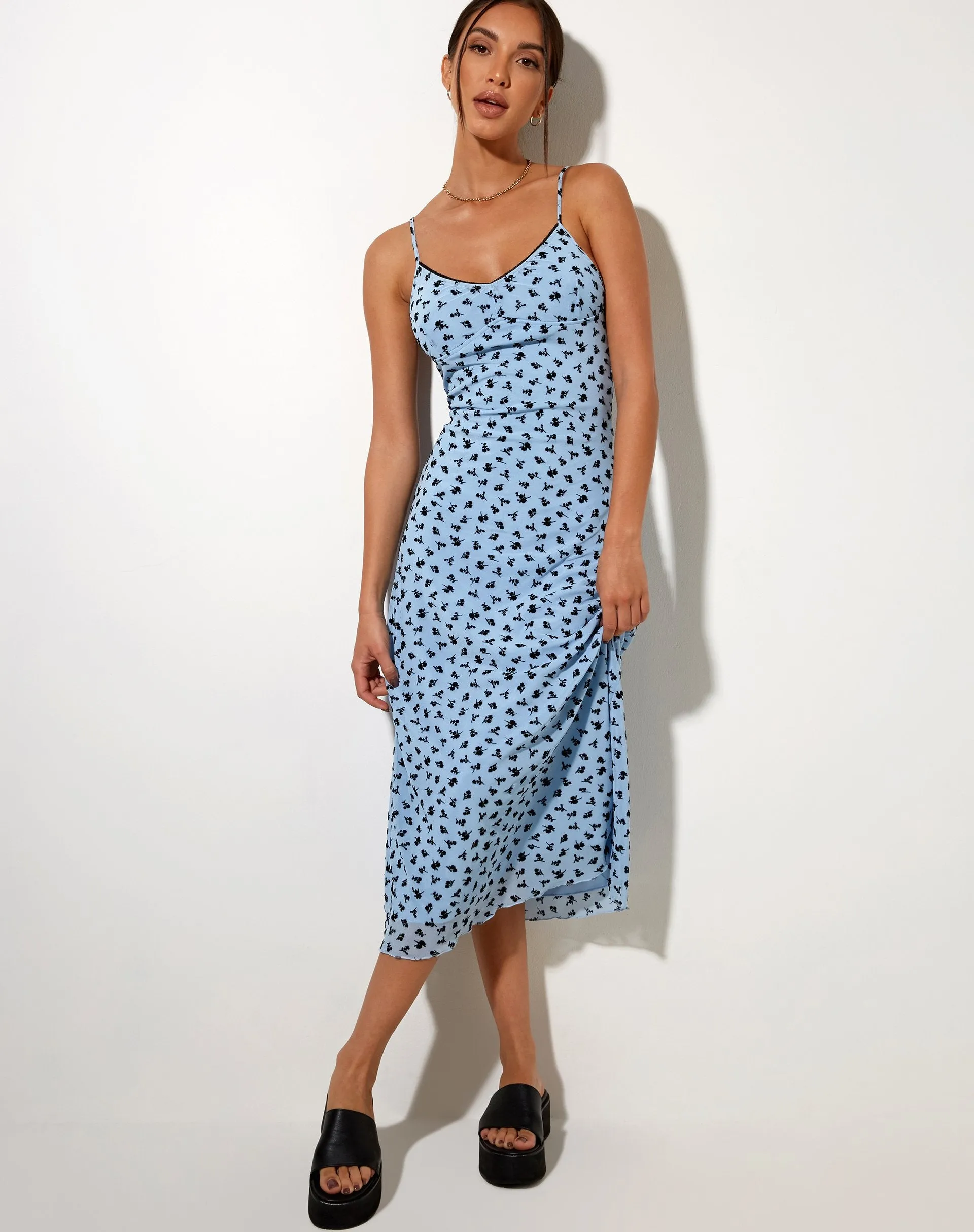 Cotina Midi Dress in Blue Flower Buds Black Flock sold by Motel Rocks