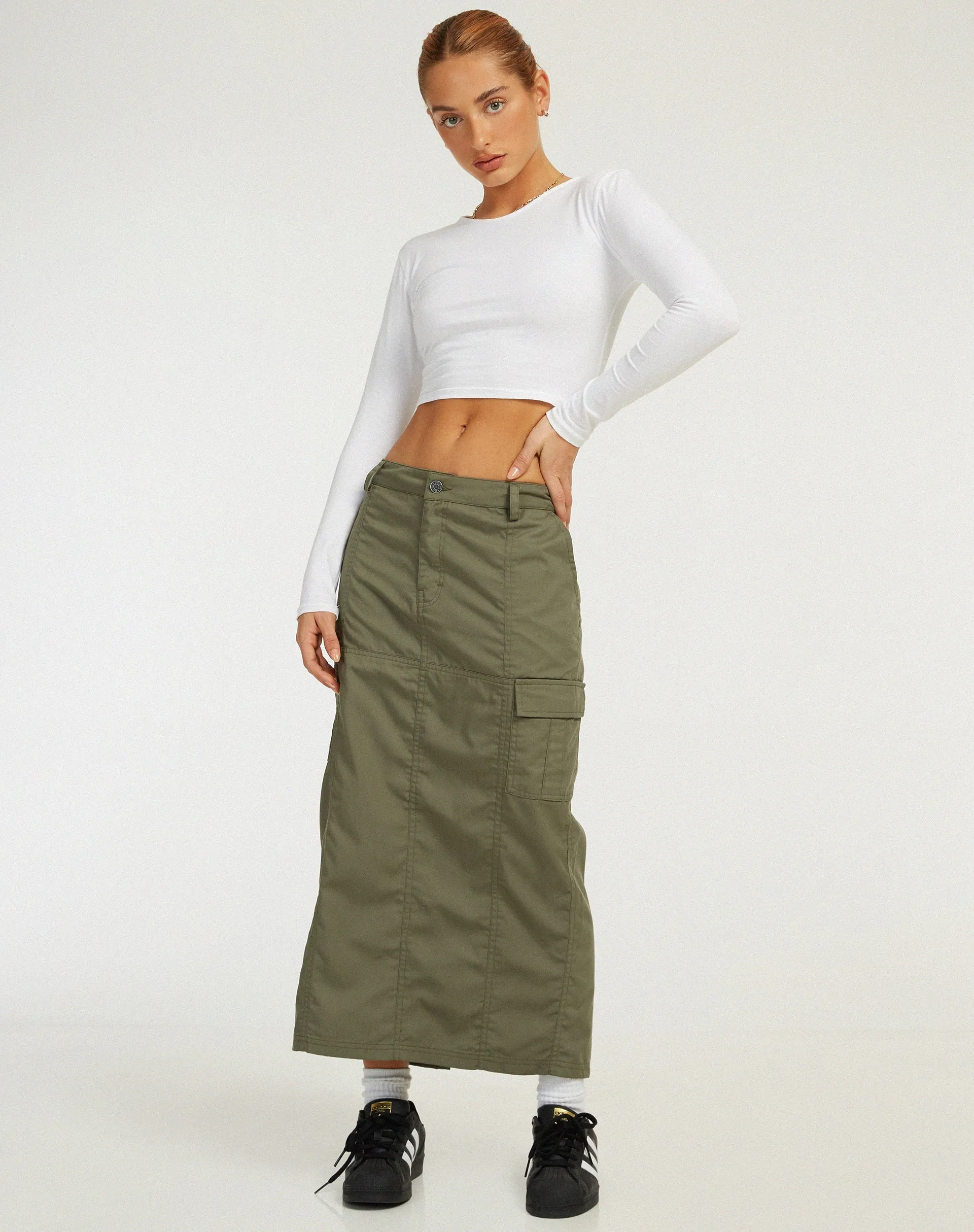 Widya Cargo Midi Skirt in Dark Olive sold by Motel Rocks