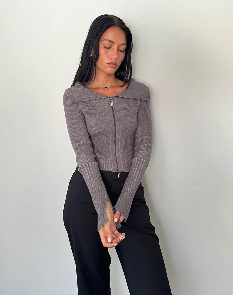 Radia Long Sleeve Off-Shoulder Zip Through Jumper in Dark Charcoal sold by Motel Rocks product image thumbnail 2
