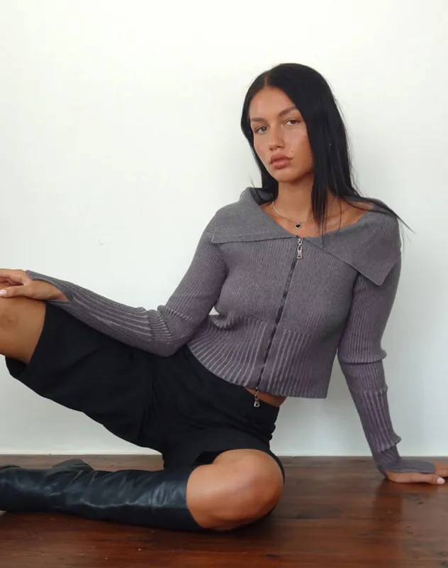 Radia Long Sleeve Off-Shoulder Zip Through Jumper in Dark Charcoal made by Motel Rocks