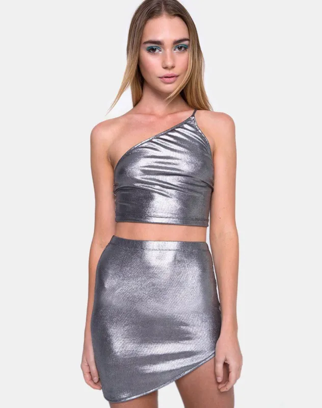 Maxin Mini Skirt in Silver Metallic Drape Knit made by Motel Rocks