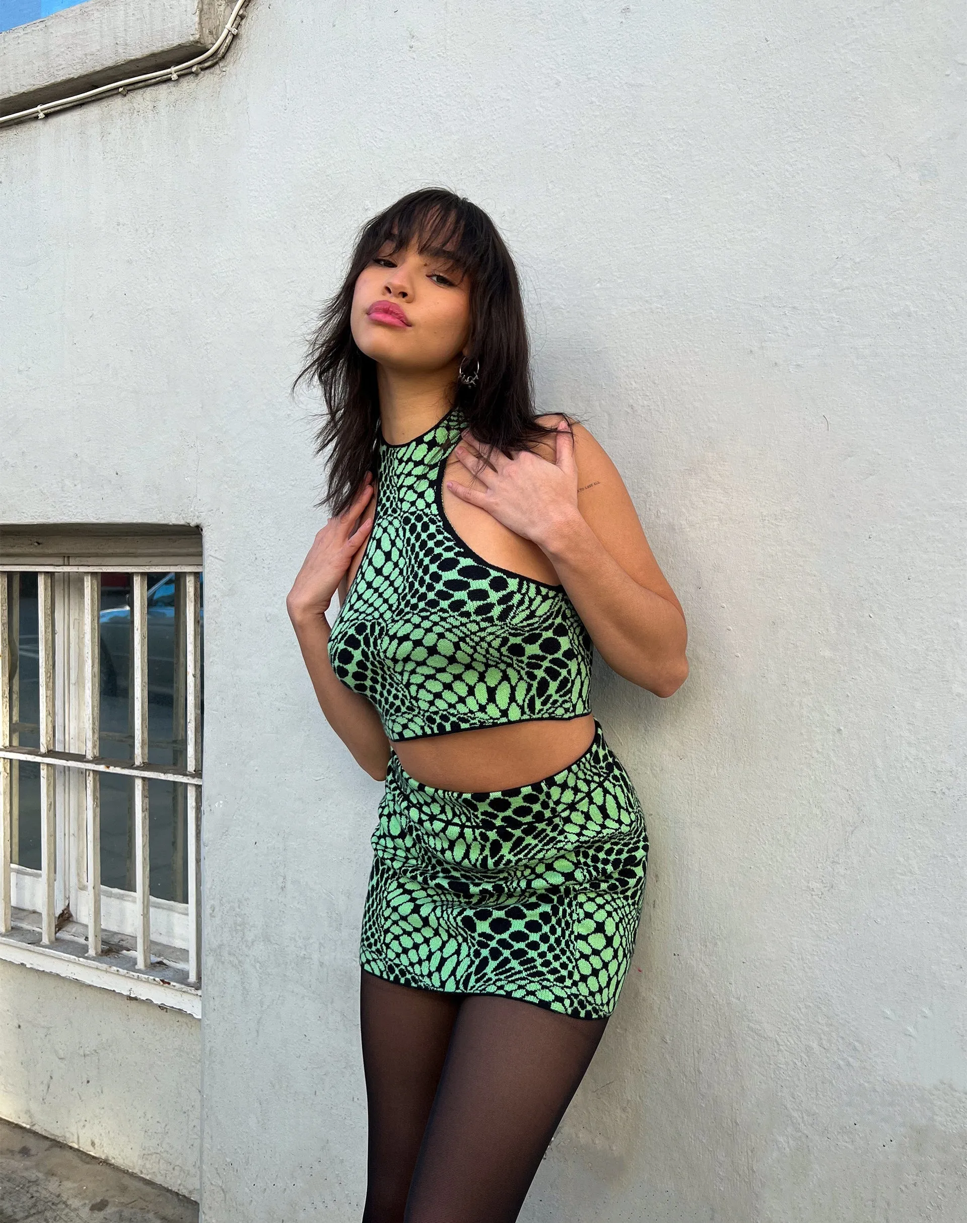 Molisa Crop Top in Geo Polka Arcadian Green sold by Motel Rocks
