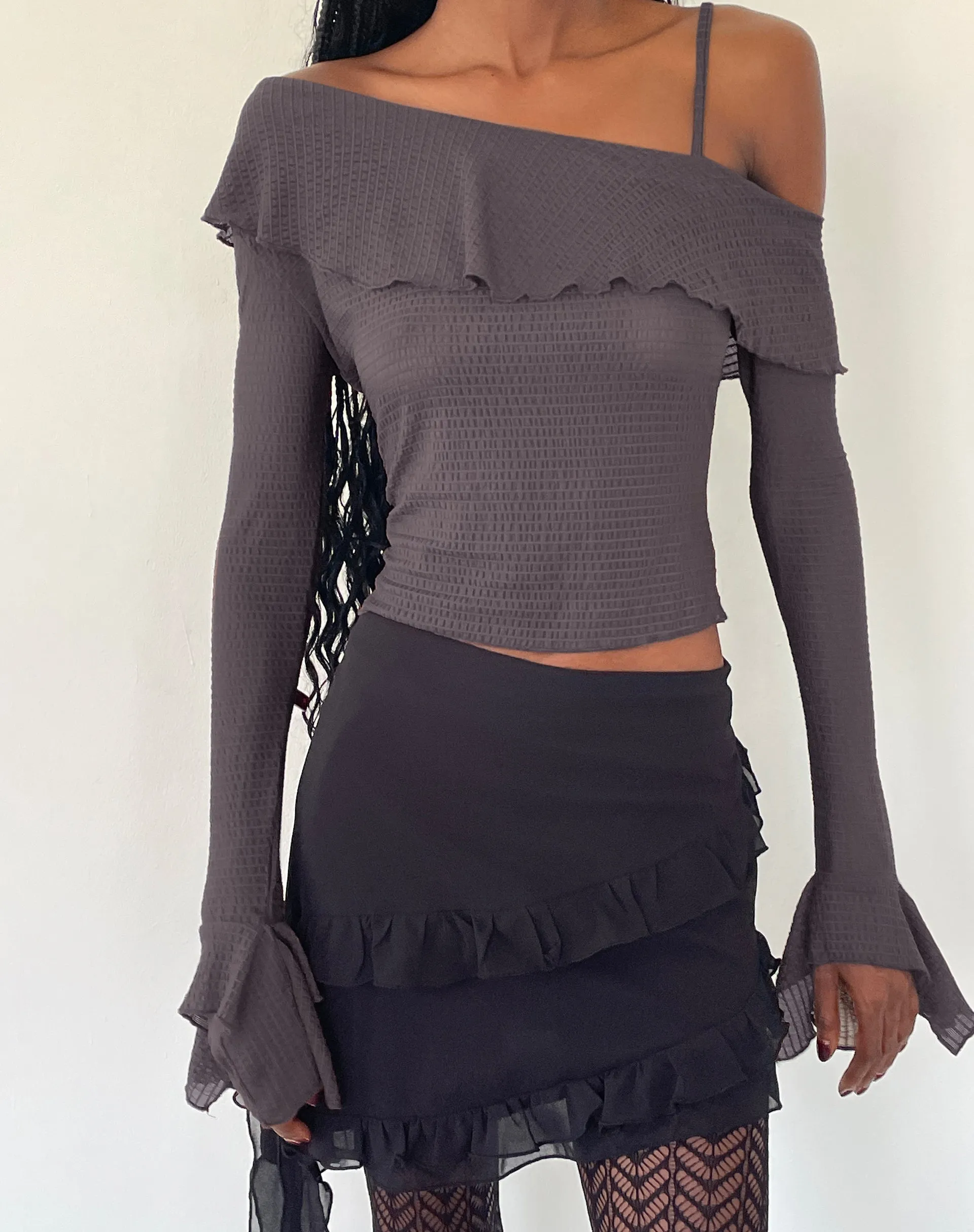 Viserra Asymmetric Long Sleeve Top in Bubble Mesh Brown sold by Motel Rocks product image thumbnail 2