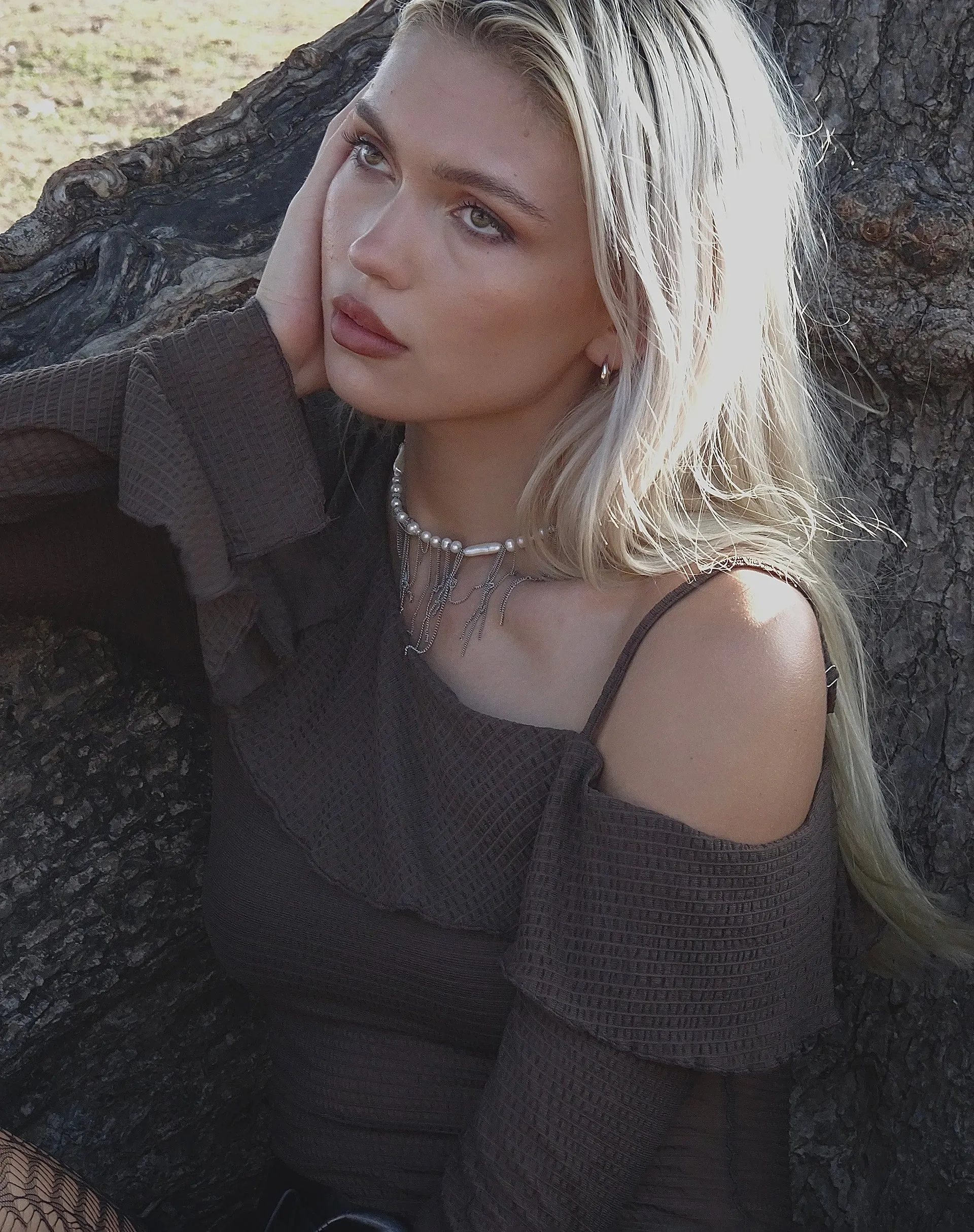 Viserra Asymmetric Long Sleeve Top in Bubble Mesh Brown sold by Motel Rocks product image thumbnail 3