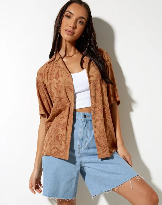 Hawaiian Shirt in Fluid Marbling Brown made by Motel Rocks