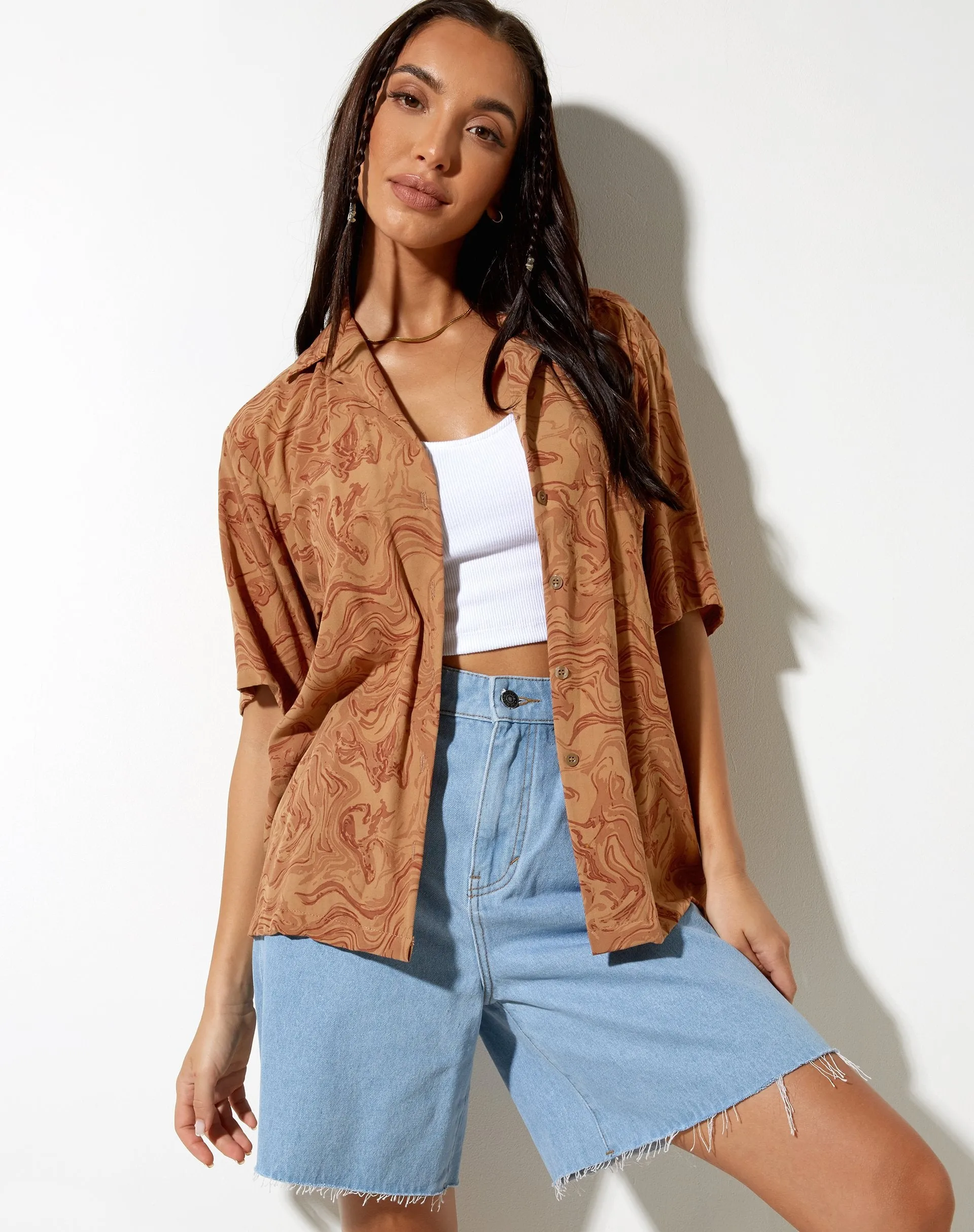 Hawaiian Shirt in Fluid Marbling Brown sold by Motel Rocks