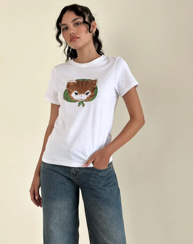 Saki White Tee in Kitty Print sold by Motel Rocks