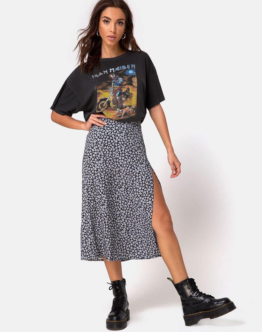 Saika Midi Skirt in Ditsy Rose Black sold by Motel Rocks