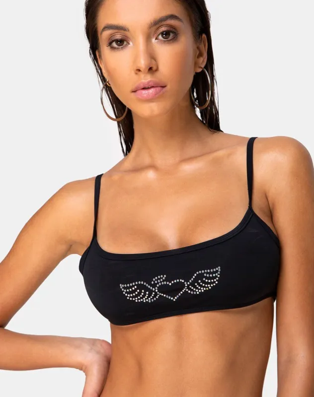 Elvina Bikini Top in Matte Black with Diamante sold by Motel Rocks