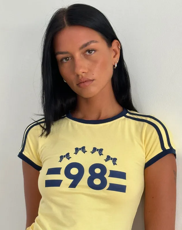 Salda Tee in Lemonade with Navy Binding and '98' Emb sold by Motel Rocks