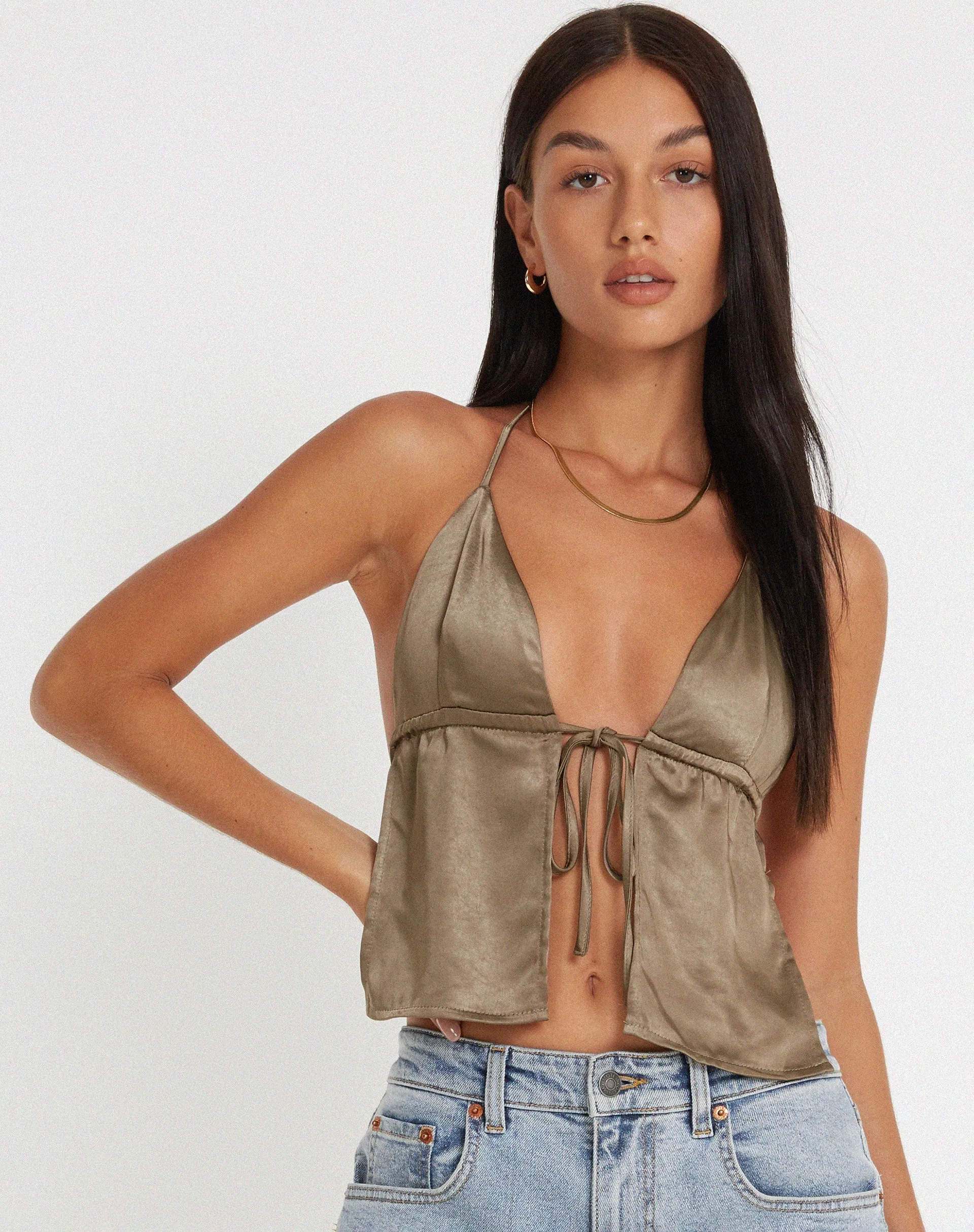 Arula Cami Top in Satin Dark Olive sold by Motel Rocks product image thumbnail 4