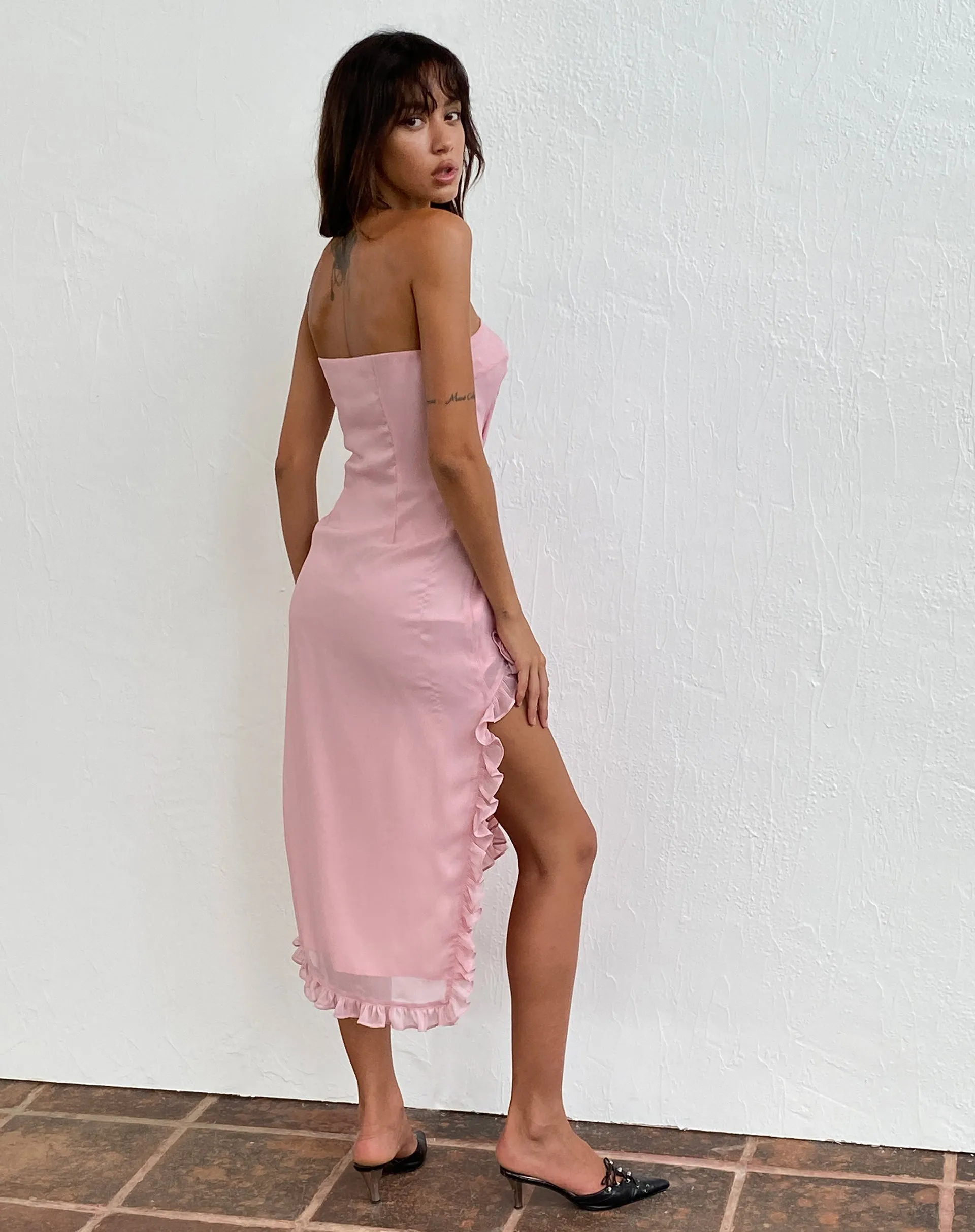 Rosaya Ruffle Rosette Bandeau Midi Dress in Pink Chiffon sold by Motel Rocks product image thumbnail 5
