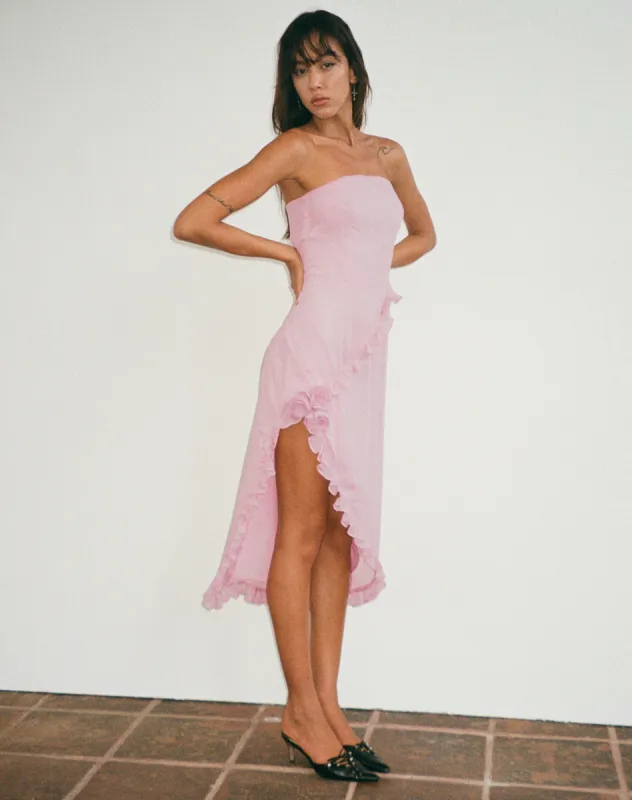 Rosaya Ruffle Rosette Bandeau Midi Dress in Pink Chiffon sold by Motel Rocks