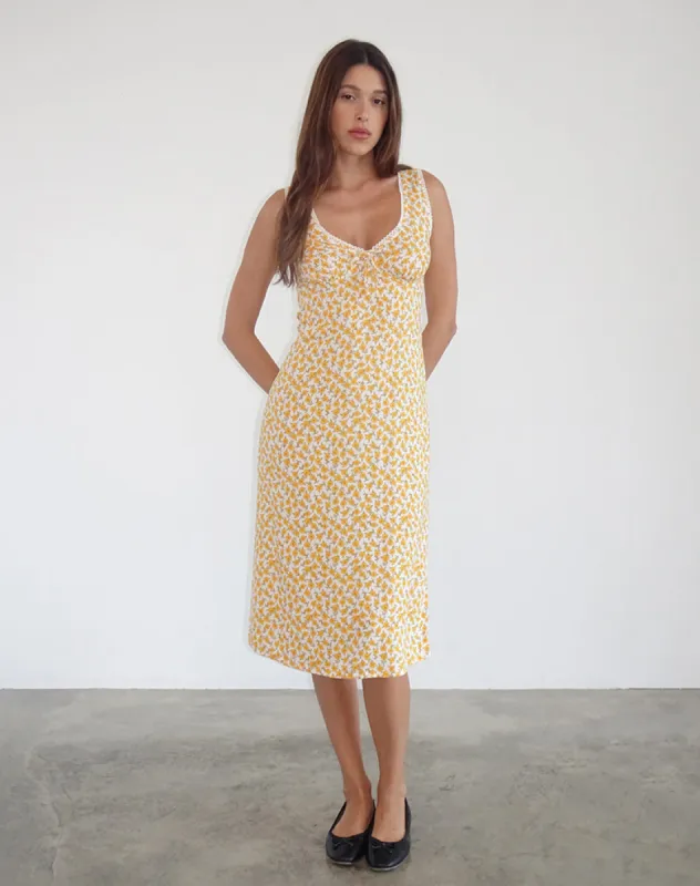 Lavisha Midi Dress in Yellow Cosmos Garden sold by Motel Rocks