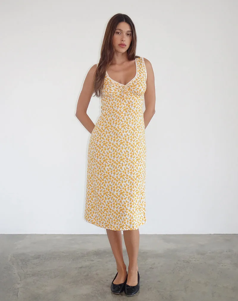 Lavisha Midi Dress in Yellow Cosmos Garden sold by Motel Rocks